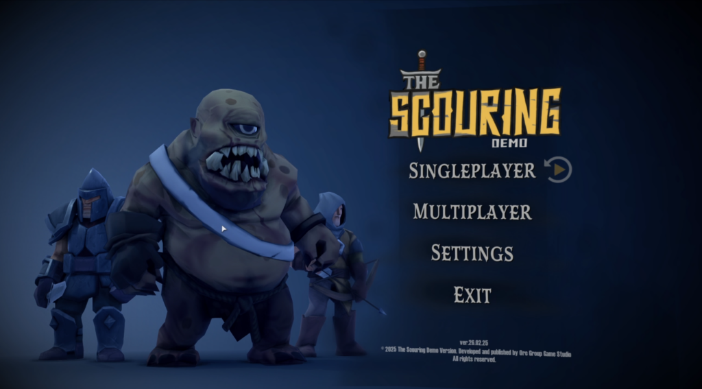 The Scouring demo main menu with options for single player, multiplayer, settings and exit. It showcases two races from the game: humans and orcs with humad warior and archer and orc muncher unit.